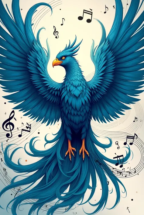 Dark blue Phoenix bird flying over musical notes manga version