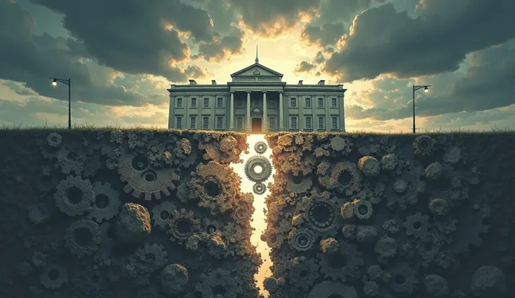 "Illustrative scene depicting a cracked foundation of a grand, classical-style school building. The crack is widening, revealing the inner workings of gears and cogs that are misaligned and broken, symbolizing a system malfunction. Above, dark, stormy clou...