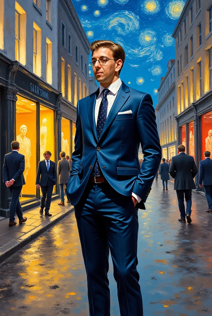 Create a picture of this person wearing a luxurious meeting suit without incomprehensible additions. He wears a long dress and has a headset and stands on a famous street in England. The picture is designed as a kind of Van Gogh painting. He shows his full...