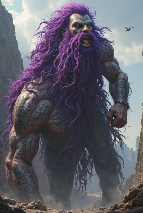 
A very huge giant with long purple hair. . The front part of his hair is curled in two tufts, while the back part is messy and untidy.. His body is relatively slim compared to other giants, with long legs and muscular arms covered with red tattoos. . He a...