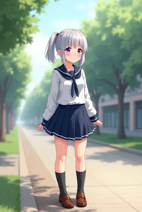 high quality,4K,Rich Details,Photo,physically-based rendering,masterpiece,anime middle school girl, silver hair shortcut , split bangs,ponytail, purple eyes,White and navy sailor suit,navy blue tie,black socks,brown loafers,outdoor scene ,natural light,Sof...