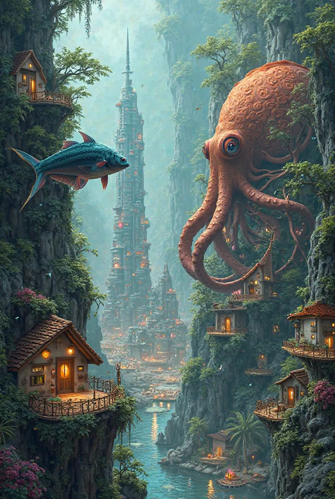 Prompt:
"Create a surreal cityscape where the left side features fish that have transformed into houses, blending aquatic and architectural elements seamlessly. On the right side, an octopus has morphed into a futuristic building, its tentacles forming int...