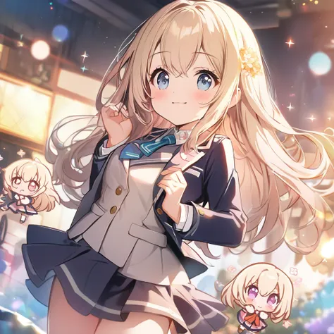 masterpiece, best quality, 4k、((2D illustration))、one beautiful girl、(((chibi style)))、solo、((cute chibi)), ((lens flare))、((sea of light)), ((white light)), ((colorful))、((warm colors))、((long beautiful hair)), glossy light blonde hair, gradient hair colo...