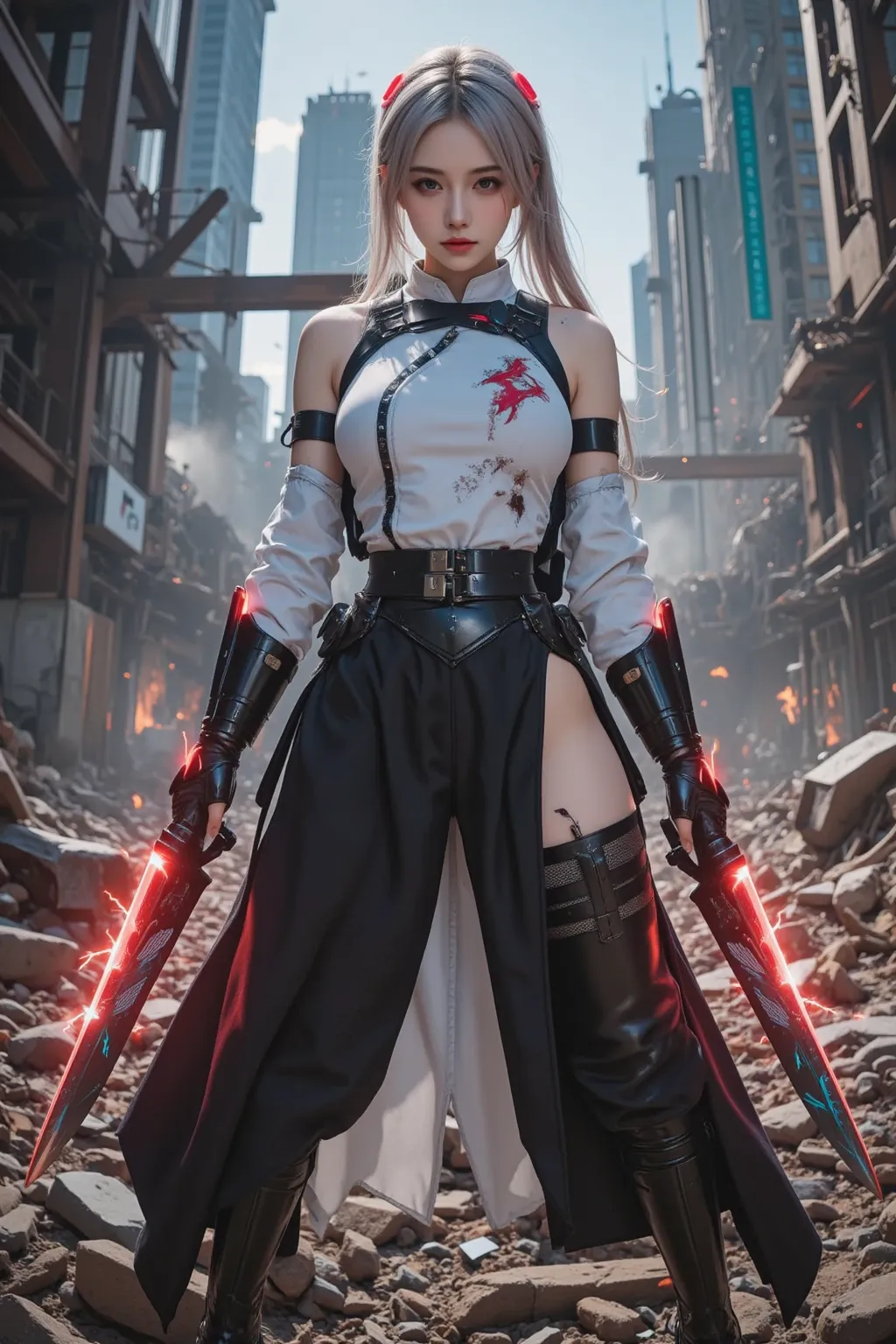 A breathtakingly beautiful cybernetic warrior stands in the ruins of a war-torn battlefield. Her sleek yet battle-worn combat gi, reinforced with matte black chainmail and cyber armor, blends martial arts tradition with advanced battlefield technology. The...