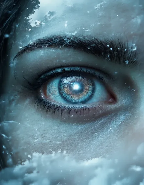 in style of Holography , in style of Holography , portrait，（A pair of beautiful eyes to reflect the glowing portal,：1.37），Heart, 《The Frozen Throne》，Cave，Thick fog，heavy snow，portal requires a trigger setting function， double exposure, 4K, Extreme Details,...