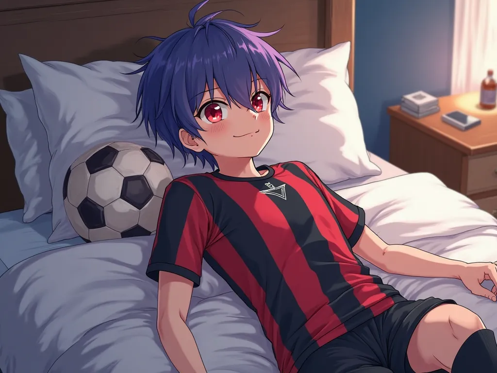 1 18-year-old boy from the anime Blue Lock season 3 his name is Toshi Eita. 
blue and purple hair with red eyes 
red and black sports uniform 
Wild smile 
In his room lie in bed with his soccer ball and the other teammates who has his face hidden.