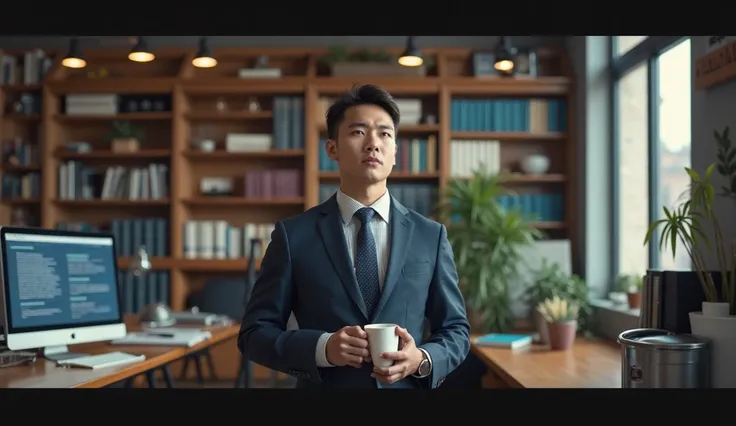 A young professional standing in front of a trash bin, holding a coffee cup, not worrying about a small expense. The room around them is filled with financial books and a computer showing long-term goals. The person looks relaxed, focusing on the bigger pi...