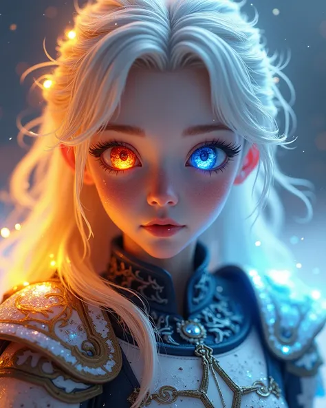 3D High Resolution,Exquisite detail,Left Eye Flame,Right Eye Snow,Face fine ,Shattered Armor Wearing Ice Fused With Fire,1 Girl,Single,Flame with Ice Element Long Hair,Premium 4K, High Reality ,major照片級,Super detailed,Physics Base Rendering, Extreme Detail...