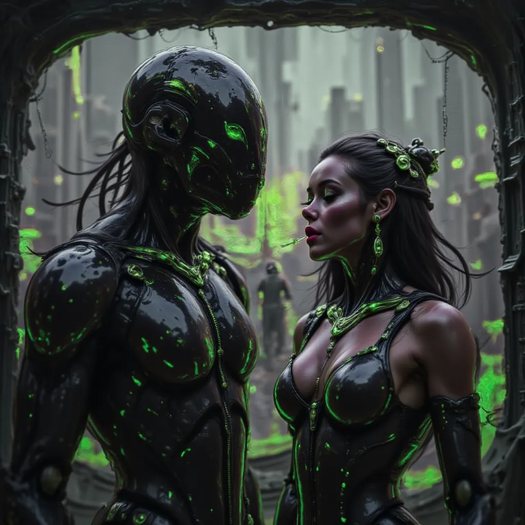 A mind-blowing hyper-realistic 16K image of a tall, muscular humanoid alien with bright green skin, broad shoulders, and smooth, cybernetically enhanced veins emitting neon energy. His huge black eyes reflect the chaos of a world where the stakes are high ...