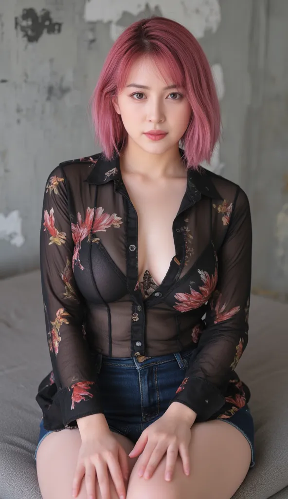 ((best quality)), photorealistic, photorealism, Photorealistic, high resolution, Beautiful, Baby Face, 20 Years Old, (real skin texture:1.5), White Skin, pale skin, Large Breasts, sitting in the sofa, looking at the camera, (Detailed face), short hair, pin...