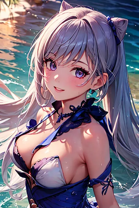 (masterpiece:1.5),(Beat quality),(high res),1girl solo,beautiful face,smile(shining eyes),upper body,light effects,Swimsuit Keqing,Ocean