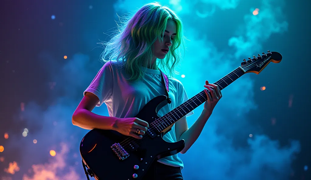 A young woman with neon green and blue hair plays an electric guitar, surrounded by swirling cosmic energy. She wears a simple white t-shirt, and her black guitar shines under ethereal light. The background is a deep, dark space with glowing nebula-like sm...