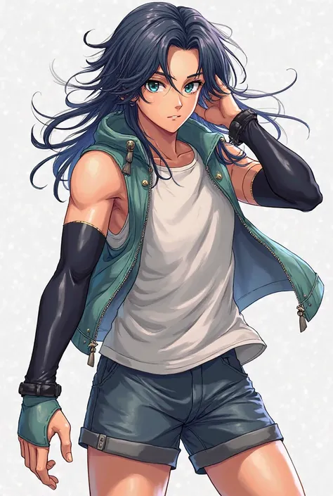 Anime artsyle man, long hair, decent cloths, arm warmers, shorts