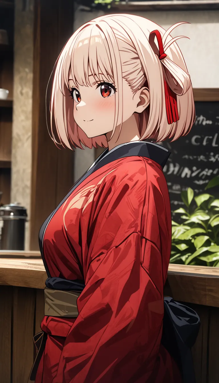 (beautiful girl : 1.3),1 girl,(chisato nishikigi),( red kimono,hair ornaments close to the garden),archic smile,Old coffee shop,masterpiece,Best Quality,Ultra High Resolution,rich contrasts,high image quality,8k,High Definition CG Unit Wallpaper,texture,un...