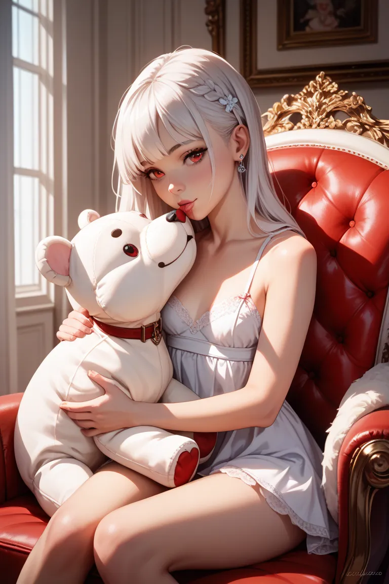  white hair、 lori、red eyes、Expressing breast milk、SMALLE BREASTS