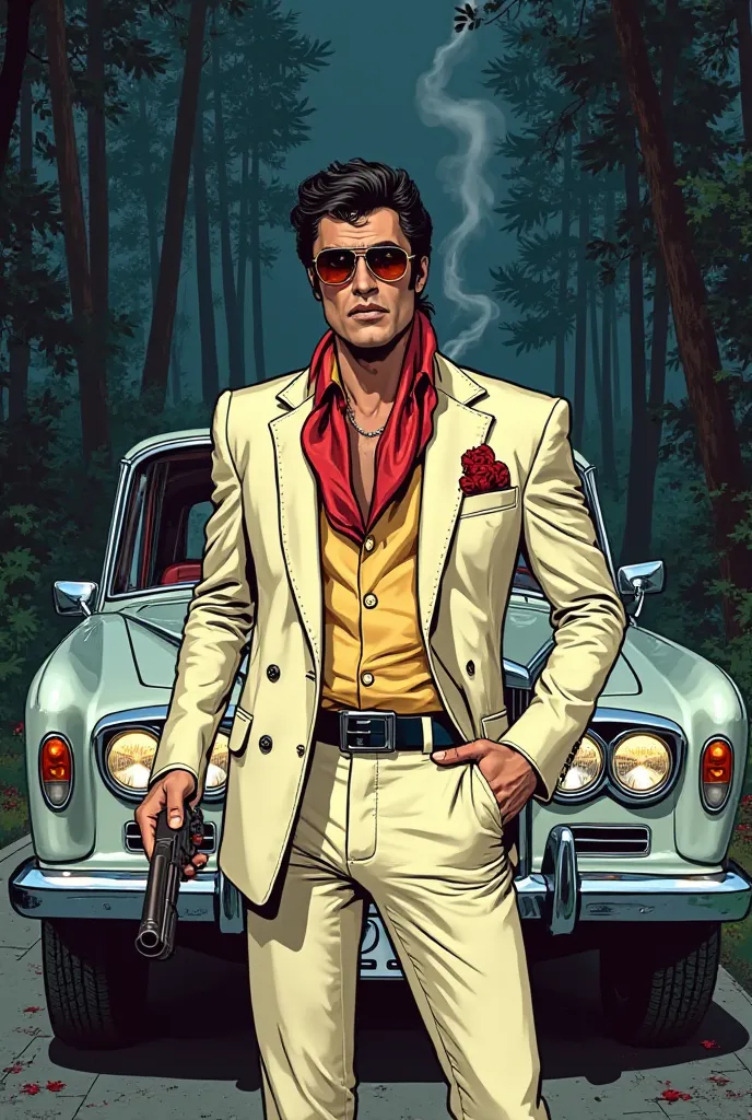 A man looking like Elvis wearing cream suit and a black silk scarf, brown Gucci glasses, smoking a cigar stands in front of a rolls Royce silver Shadow with red leather interior from 1970's.  a forest road at night. He looks scared and upset, he is carryin...