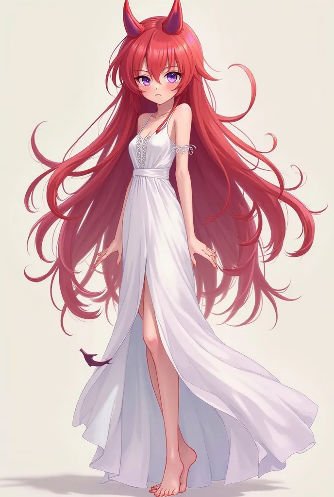 Adorable Demon，2D Anime Character Edition，long red hair，Bright purple blue eyes，wears a long white dress，Adult Full Body Figure，The mouth is very small，Super fair skin，The expression is super shy