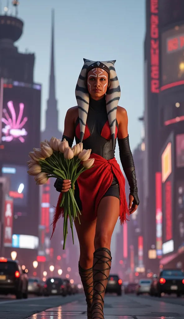 Charming and exotic alien warrior Ahsoka Tano with bright orange skin and expressive white patterns on her face goes straight to the viewer. She is wearing a seductive neon mini dress that accentuates her slender figure and elegant high-heeled shoes. In he...