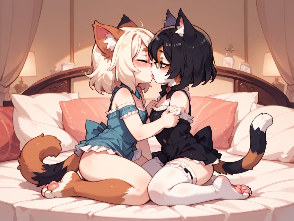  2 women(Calico cat girl and black cat girl)、fur、 is sitting on the bed、 lolita fashion、Cat&#39;s paw、Cat paw with hands and feet、Show me paws、Lesbian Sex、Deep Kiss、dildos