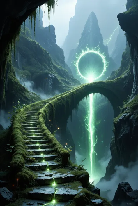 a mystical mossy winding staircase overgrown with thick moss, a misty canyon, a magical glowing portal that looks like a beautiful mirror, unearthly light, sparks, flashes, lightning, luminous splashes, a thin luminous streamlet flows down the steps.rocks,...