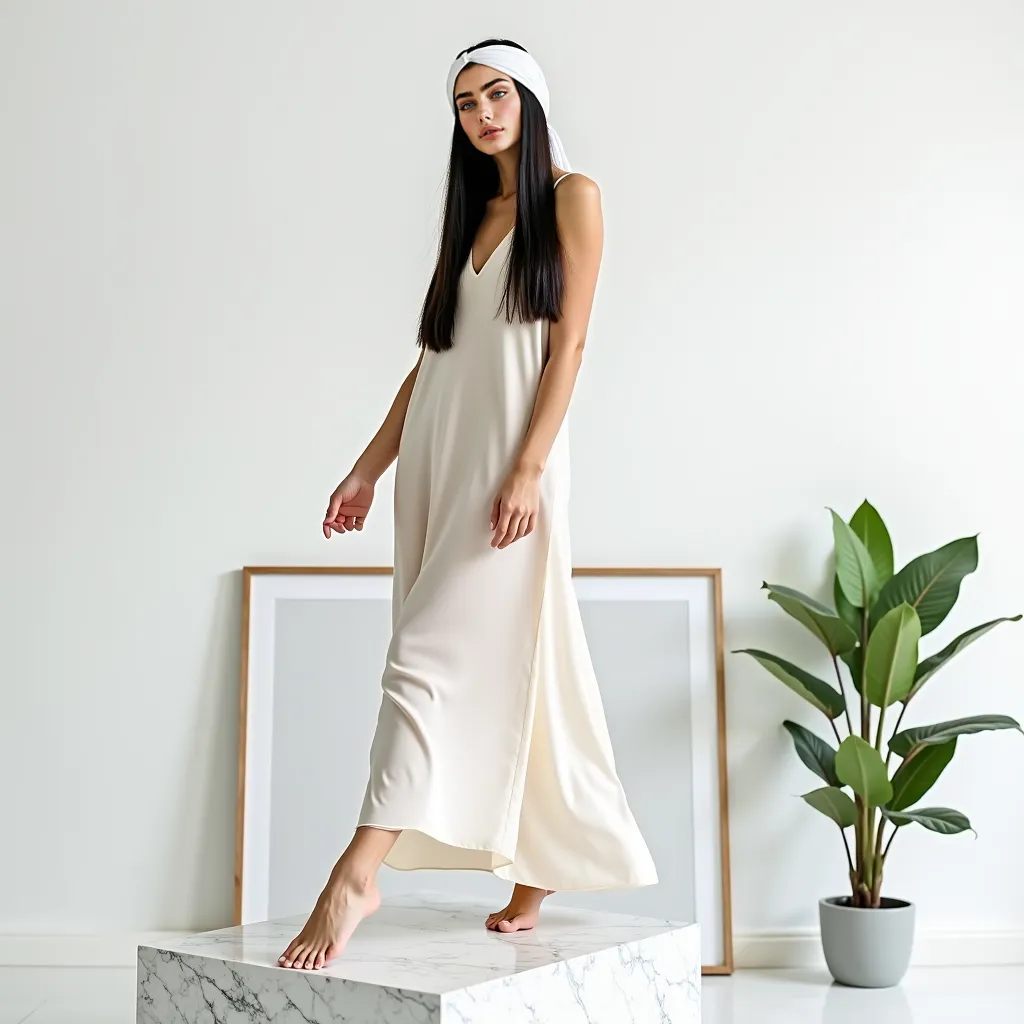 Young thin white woman, blue eyes , floor-length straight black hair, a headscarf tied white, floor-length silk dress, barefoot,  on top of a white and sinza marble box,   frames on the wall , a plant in the pot on the floor,  the white background , posing...