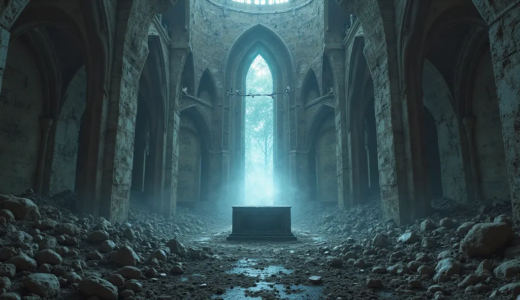 A ruined church with ashes covering everything around, except an altar illuminated by divine light