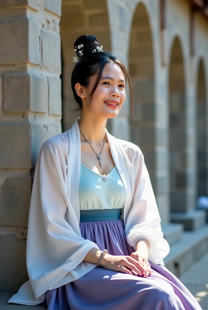 photo of a smiling Asian girl with dark skin and hair styled in a thin bun, adorned with delicate hairpieces. She sits on the edge of the stone, leaning forward slightly with a soft smile, watching the feeling of calm and grace. The light is fair. Pretty, ...