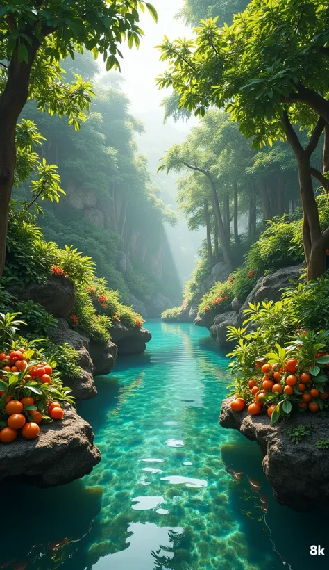 Generate an image depicting a realistic cinematic scene from the Bible, The Garden of Eden – A lush paradise, full of fruit trees, crystal clear rivers and animals living in harmony. 8K, close-up, hyper-detailed, sharp focus, studio shot, intricate details...