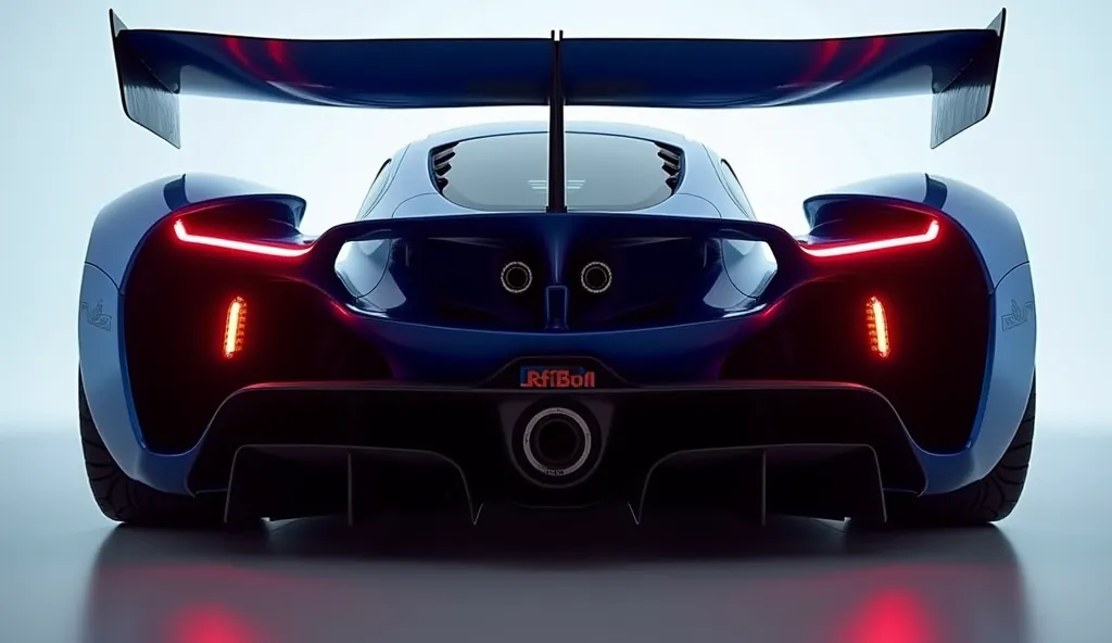 The rear of the blue Red Bull RB17 Hypercar 2025, featuring an active rear wing, aggressive diffuser, and twin exhausts emitting flames. The muscular stance of the car dominates the frame, with sleek taillights adding to its futuristic appeal.