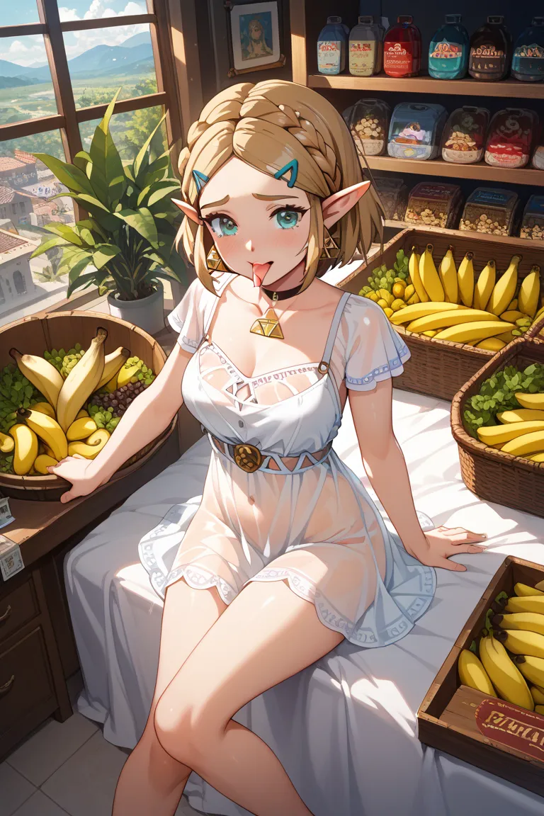 Princess Zelda、 short hair、Bird&#39;s-eye view、Overlook、Lick bananas with your tongue、 phalachio 、see-through clothing、 teary eyes in the store、Sit on a hotel bed