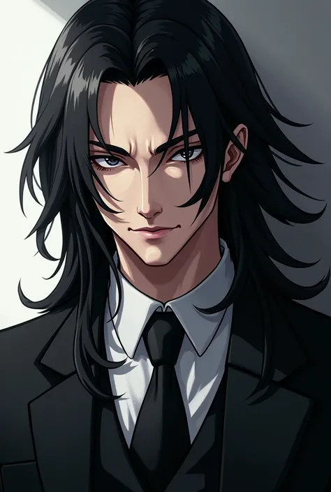  face seen from the front,upper body,Long-haired man with dark hair and wavy hair,anime,suit