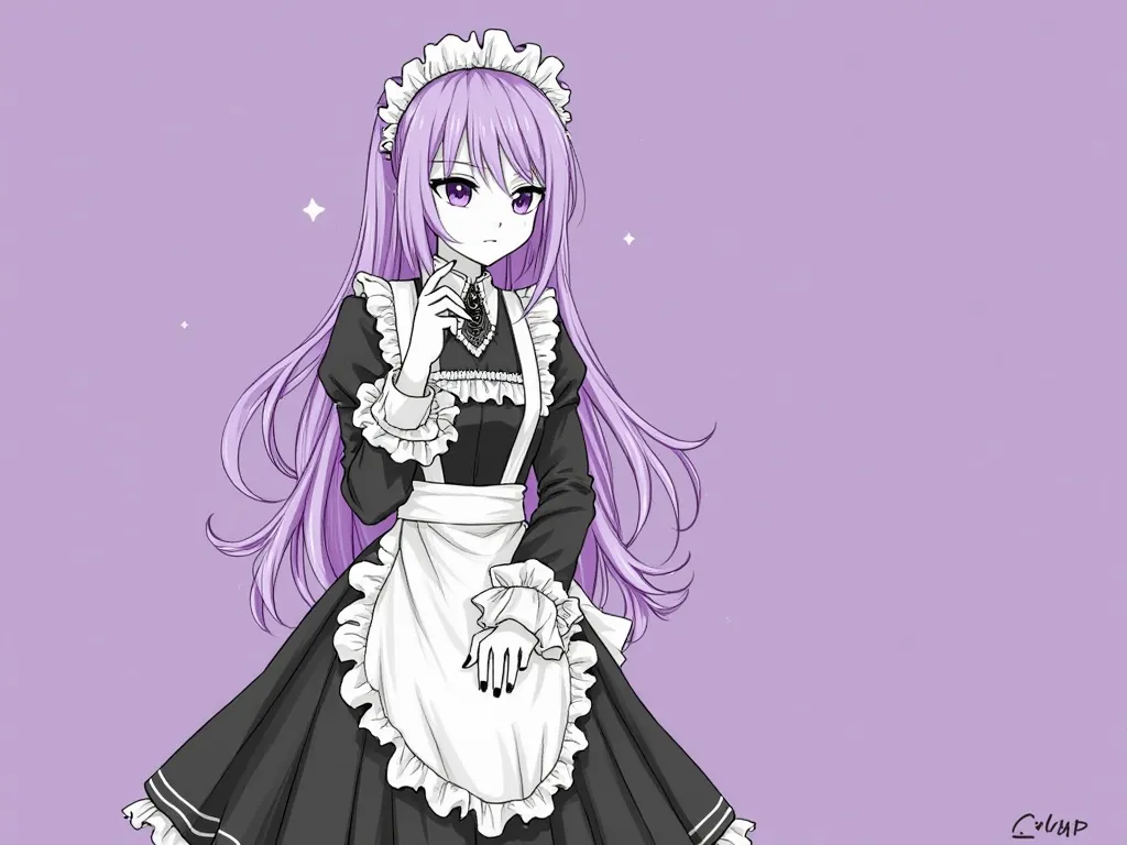 masterpiece, best quality, 1 girl, Alone, length_hair, fronthair, simple_background, length_ sleeve,  dress, hair_betweens_eye,  jewelry,  closed _mouth, monochrome, purple_hair, frills, fingernail, Maid, Maid_head dress, ring, black_nail, purple _backgrou...