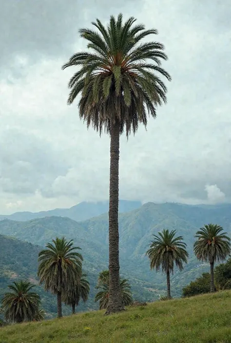 A very tall palm tree, significantly taller than other palm trees around it, dominates the image.  The palm tree is positioned on a grassy hillside, with a backdrop of rolling hills and mountains.  The sky is partly cloudy, with a mix of light and dark gra...