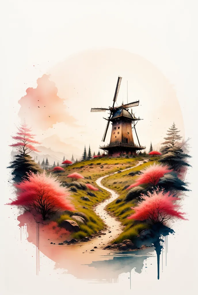 A watercolor painting in the style of J.M.W. Turner, showing a rustic windmill standing gracefully in a rolling floral landscape, bathed in warm coral and deep navy hues. Gentle brushstrokes create a dreamlike atmosphere under soft golden light. --v 5 --st...