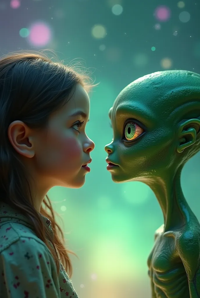 Cover for a ren's story of a pretty green Alien looking into the eyes with a young girl 