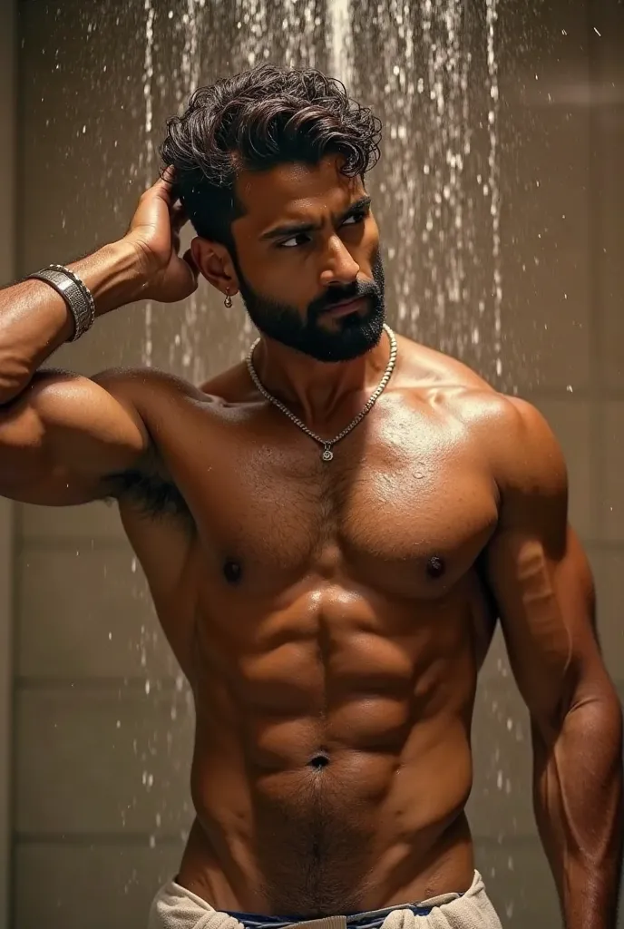 **A highly muscular and well-defined Indian male fitness model with a perfectly sculpted, toned physique. His broad, hairy chest, chiseled abs, and strong, defined arms radiate power and sex appeal. His muscles appear naturally toned and highly realistic, ...