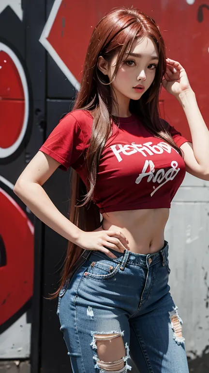 solo , 1girl , red long hair , red shirt hip hop styes , big breast , Short pants jeans , graffiti pattern shirt