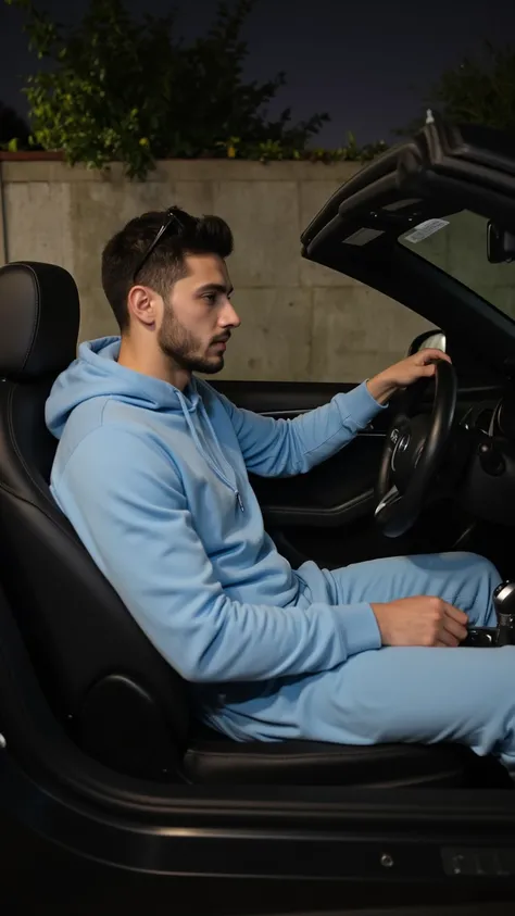 a handsome young turkish guy with muscle, dark very short hair fade middle parting and goatee beard  he wearing a light babyblue hoodie and a joggingpants in light babyblue and a small prada sunglasses is on his head  he is in a cabrio car with black seats...