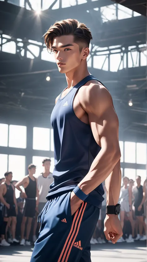 ((photorealism:1.2),  very Handsome japanese man, 22-27 year-old, he is a fashion model, Adidas fashion show, adidas logo as background, he is on the runway, spring season, tank top