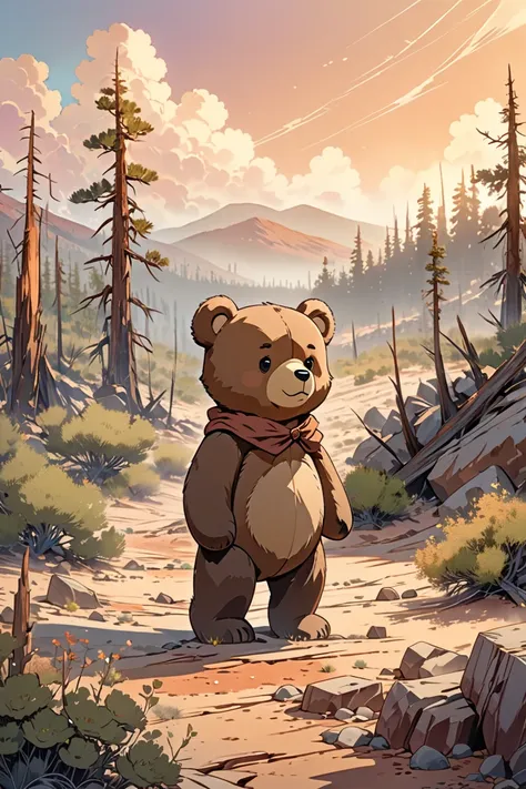 A teddy bear standing in a dusty wilderness,anime style