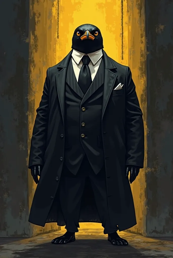 A mafia PENGUIN inviting you to enter with a black, yellow and gray background. In 2d