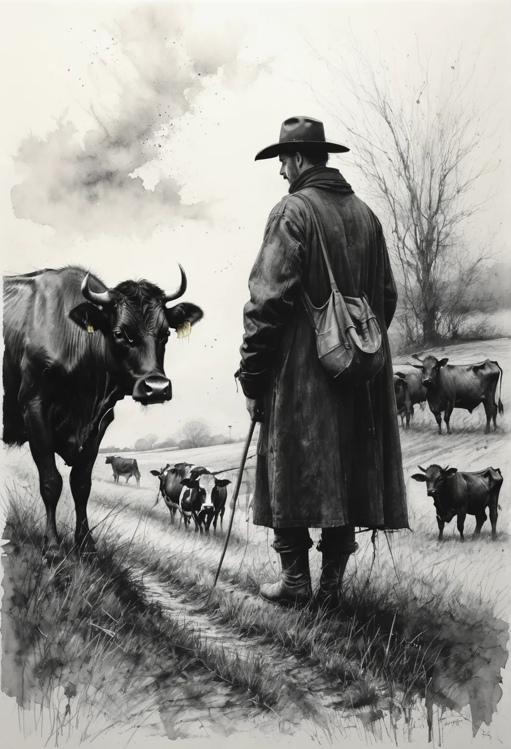 dessin au fusain, crayons, black dessin au crayon, dessin au crayon, dessin en noir et blanc, dessin au graphite,
affiche, close-up, pleine longueur, il y a une fermière de 20 ans au premier plan, elle est dans un champs avec des vaches et une grange, Port...