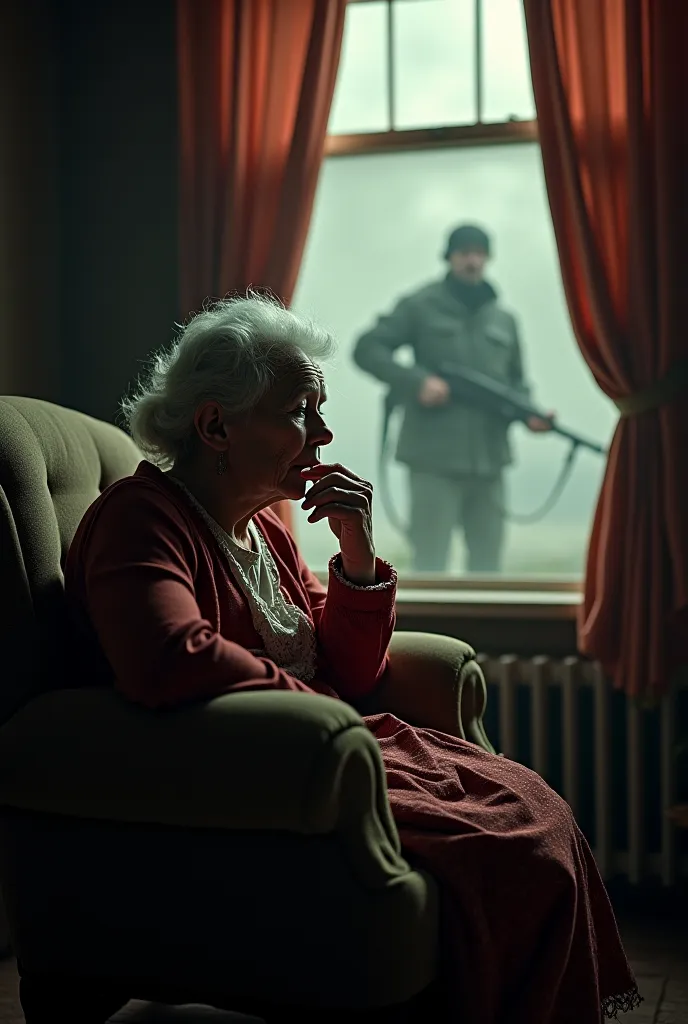 Grandma is sitting by the window crying because there is a sniper in the window 