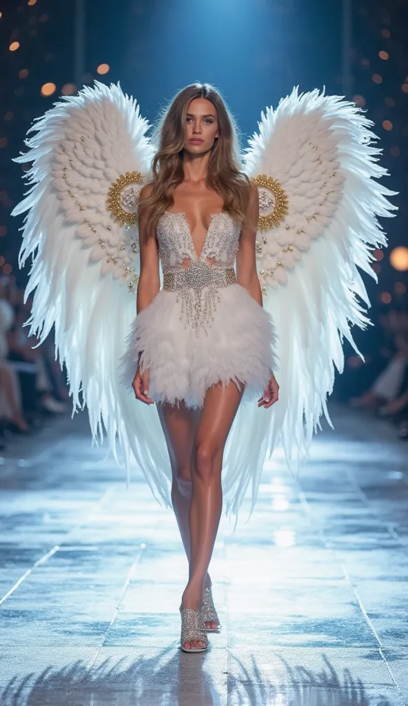 "A female model walking on a dazzling runway, wearing a set of white makeup with shiny details. She wears huge wings made of white feathers with sophisticated gold details, reminiscent of a glamorous angel. The fashion stage has a heavenly background, with...