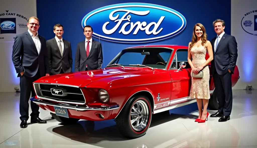 Create a detailed image of a showroom (red ford Mustang GTA s  1967) displayed prominently under a large (ford) logo in the background. Five elegantly dressed individuals are standing next to the vehicle: four men in formal suits and ties on the left, and ...