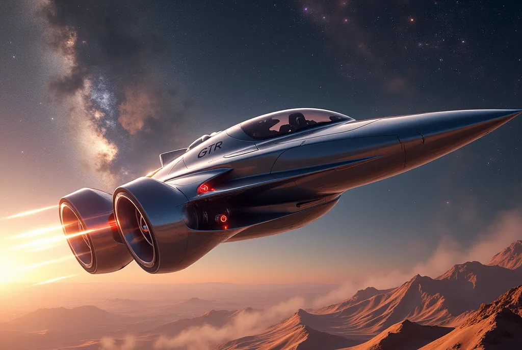 Futuristic flying car GTR jet galaxy space desert 