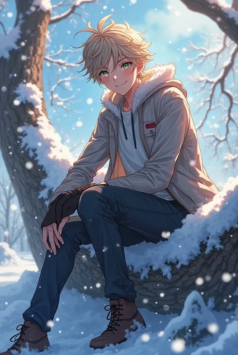 Anime photo. A handsome hero with colored eyes is smiling while sitting on a snowy nine