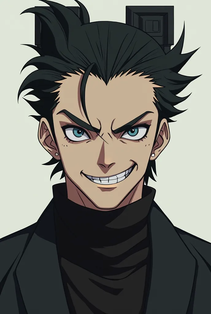  face seen from the front,upper body,Man with two block hair with black perm,anime,Nihilistic smile