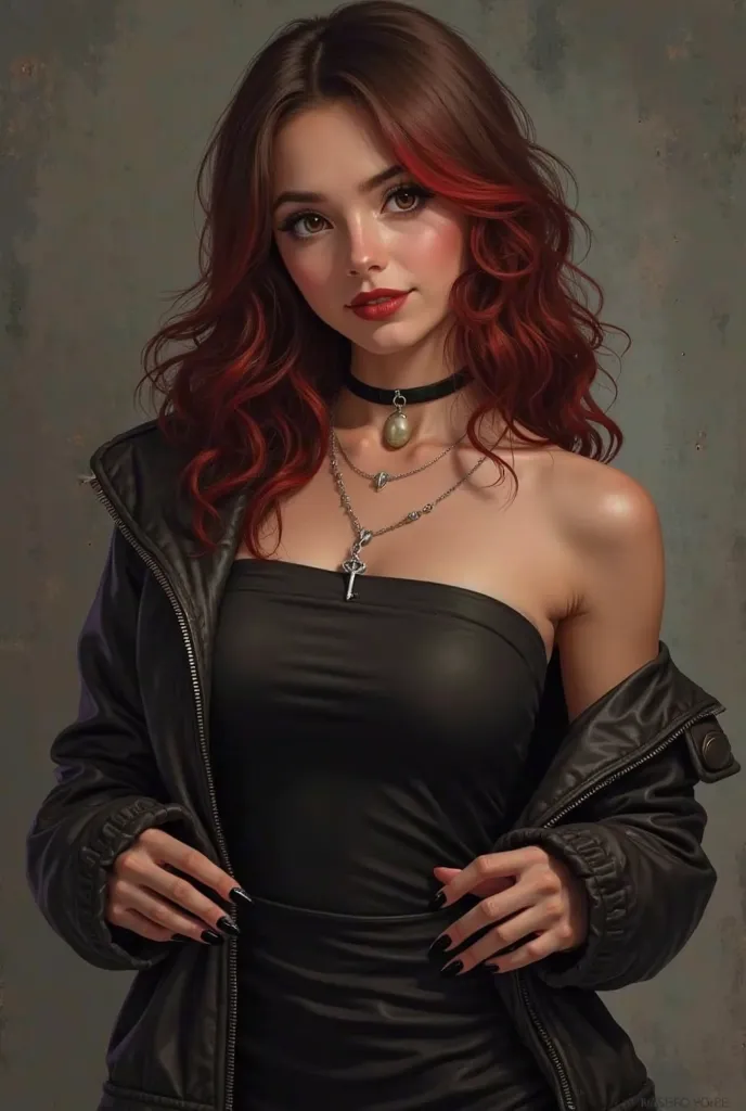 Create a character for my book, she is the protagonist, She is 18 years old, brown hair with red highlights, brown eyes,  slightly dark-skinned, wears little makeup but a matte red lipstick, wears a black tube dress with a leather jacket on top, a silver n...