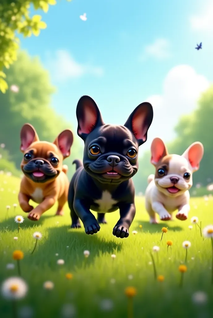 French bulldog all black on green lawn with his friends 